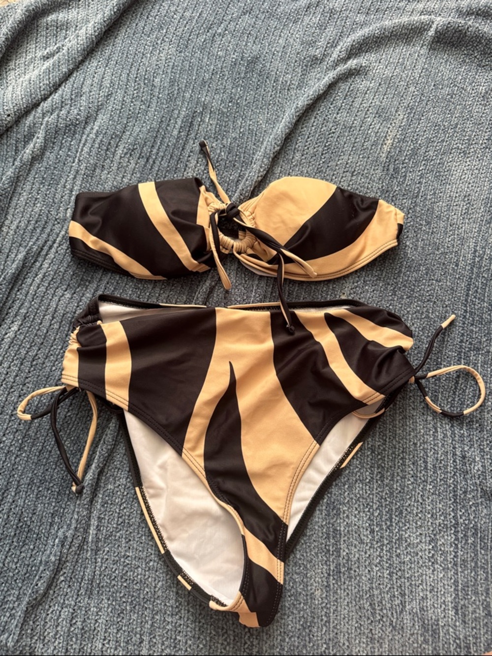 SHEIN Black and Tan Zebra-Print Bandeau Bikini Set